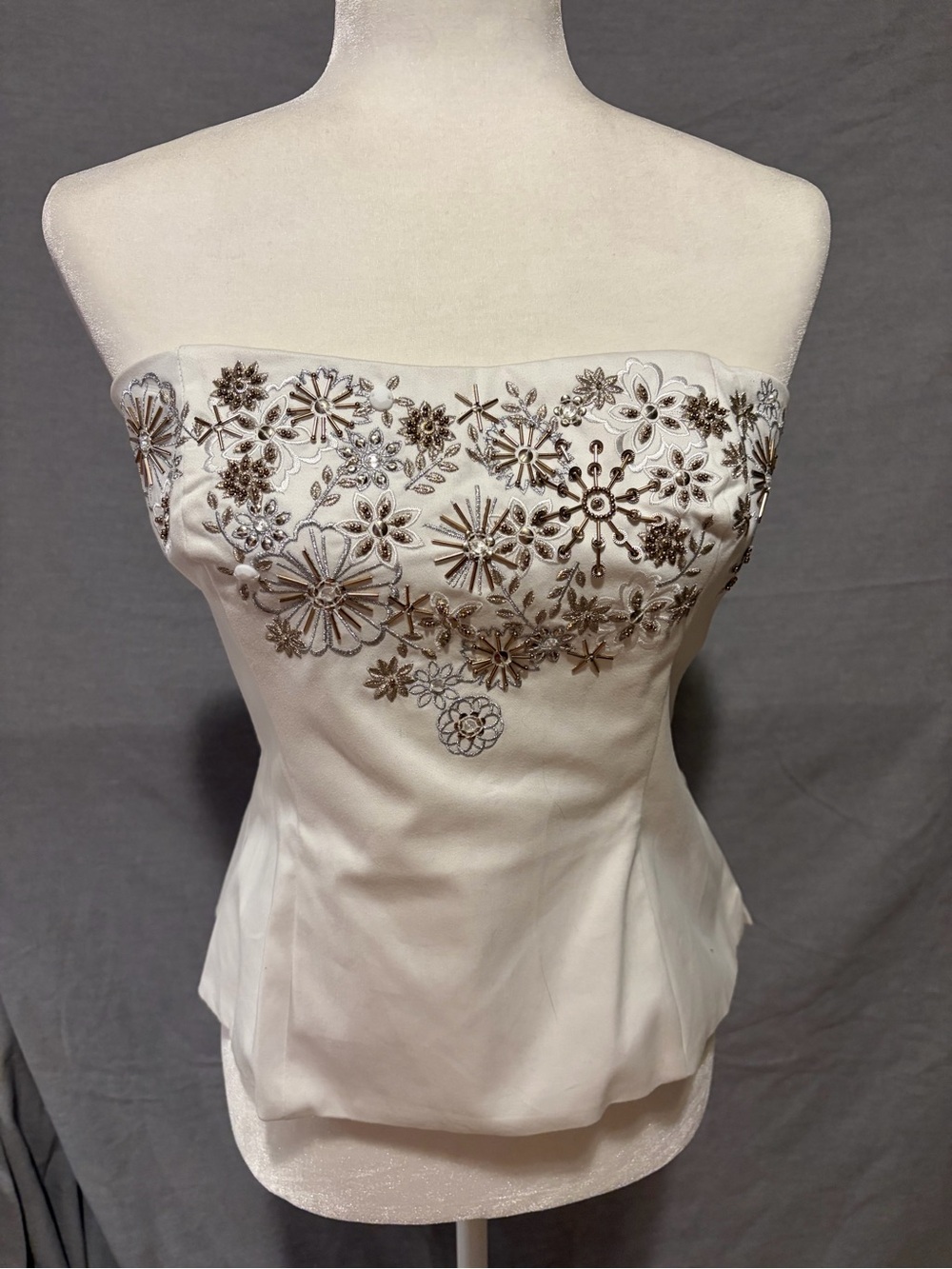 White House Black Market Strapless White Embellished Peplum Top